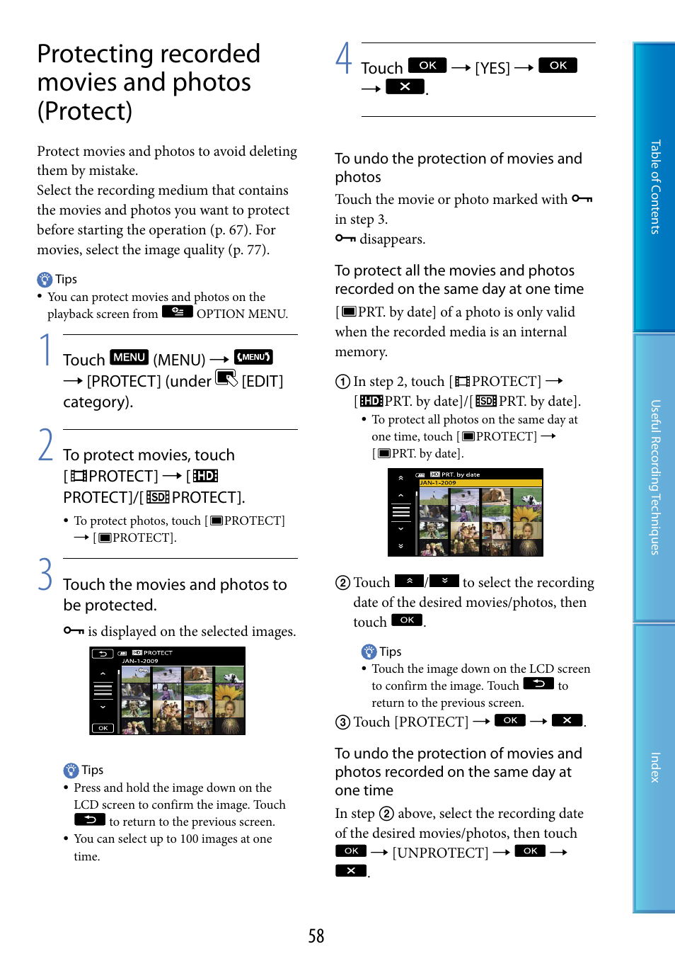 Protecting recorded movies and photos (protect), E (58) | Sony HDR-CX500V User Manual | Page 58 / 130