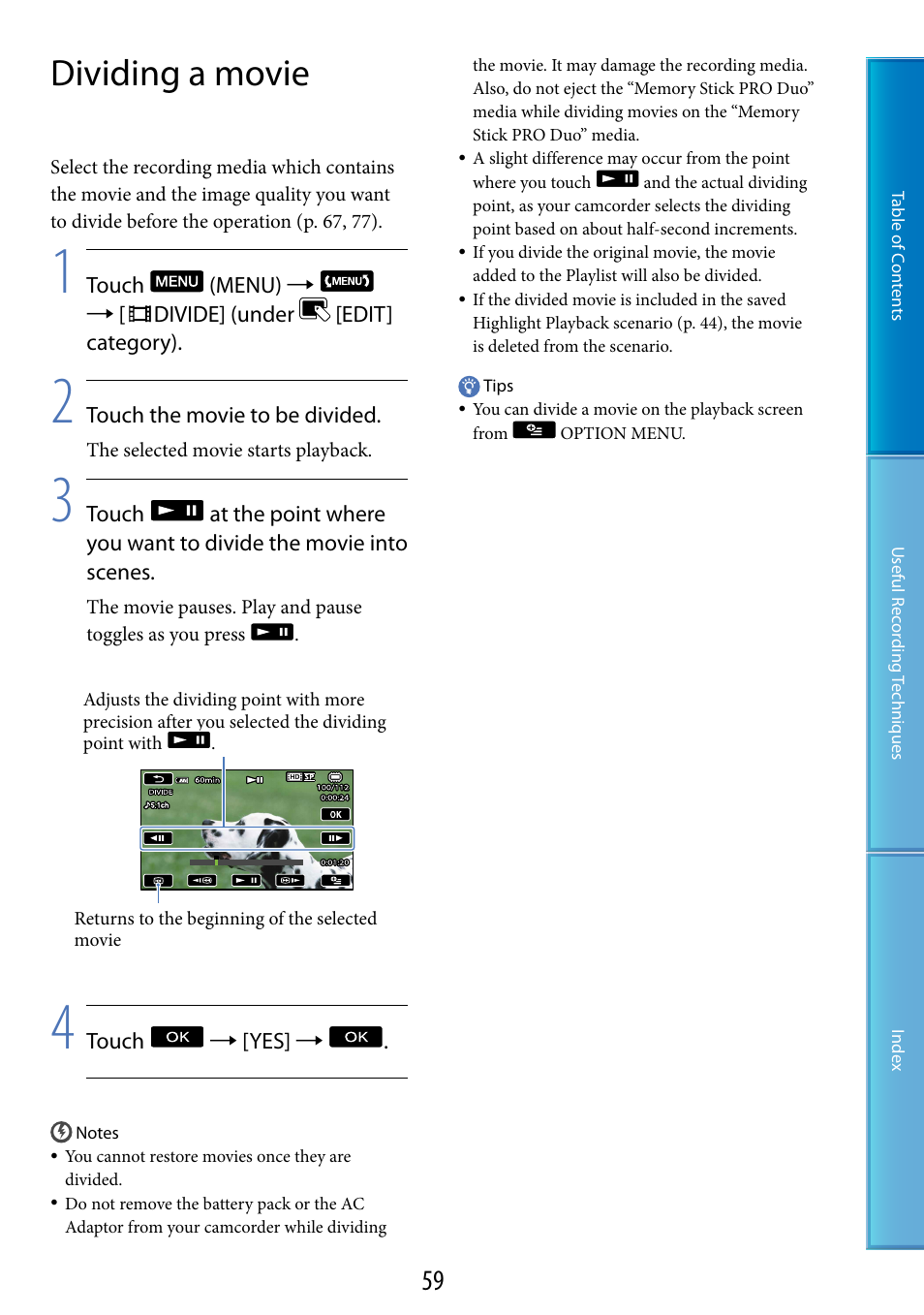 Dividing a movie | Sony HDR-CX500V User Manual | Page 59 / 130