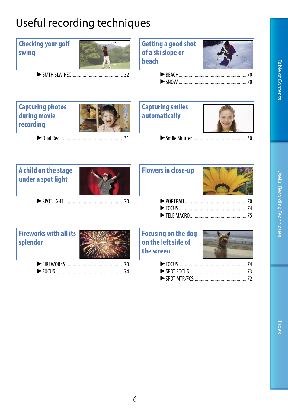 Useful recording techniques | Sony HDR-CX500V User Manual | Page 6 / 130