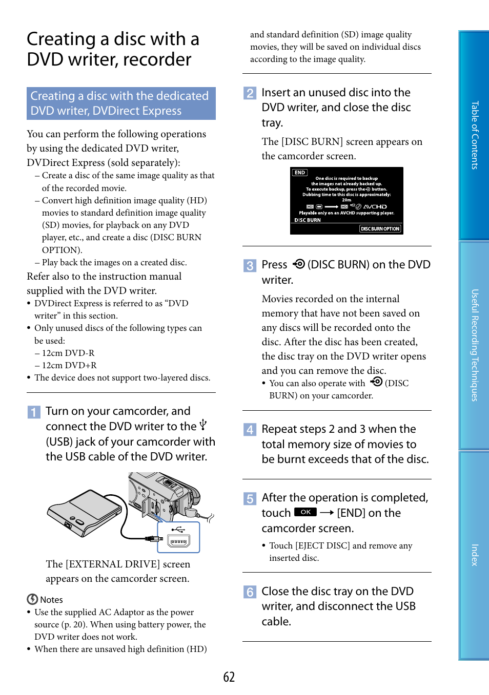 Creating a disc with a dvd writer, recorder, 62, s | Sony HDR-CX500V User Manual | Page 62 / 130