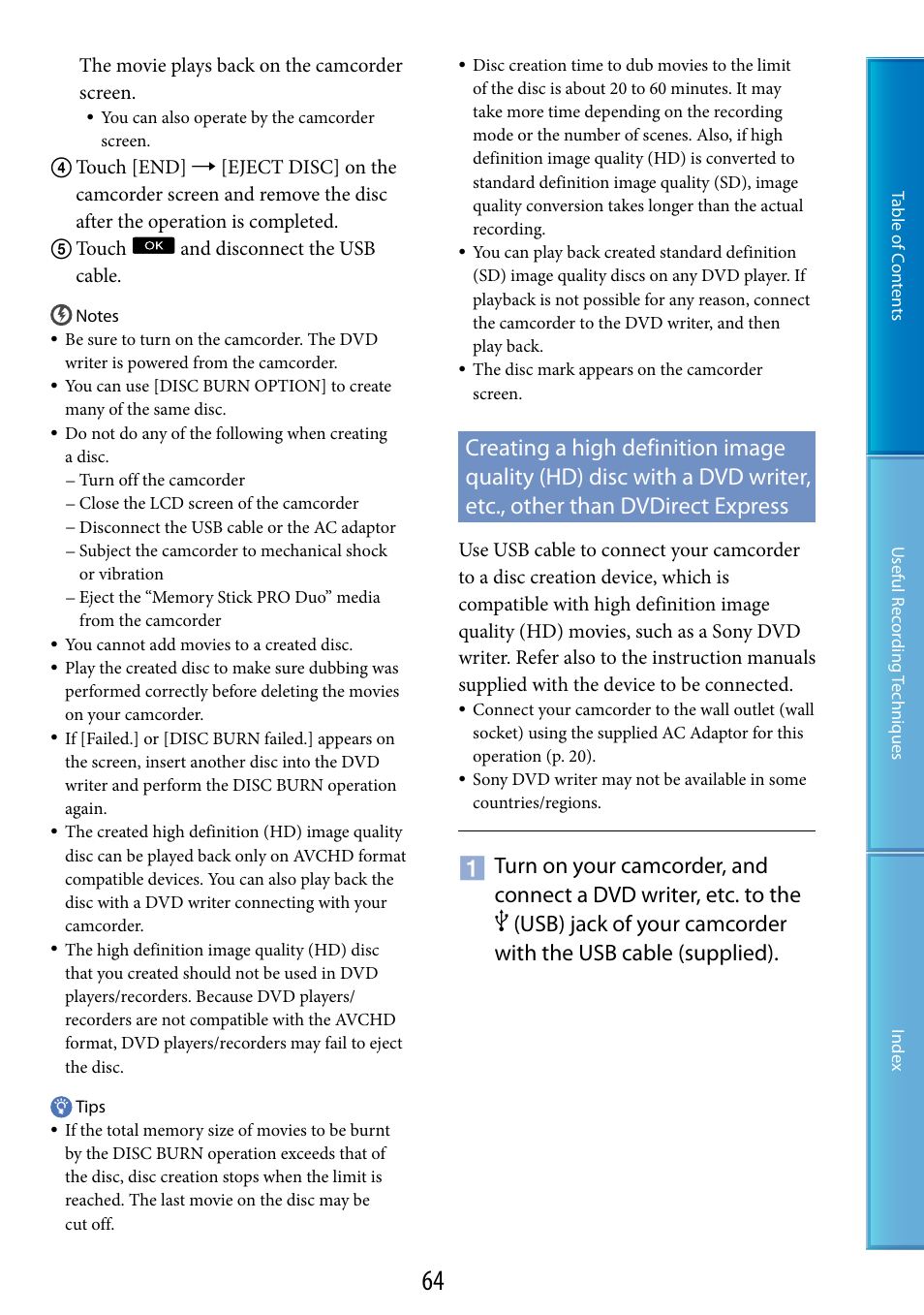 Other than dvdirect express, Usb) jack (64) | Sony HDR-CX500V User Manual | Page 64 / 130