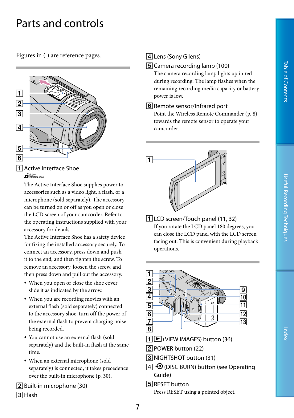 Parts and controls | Sony HDR-CX500V User Manual | Page 7 / 130
