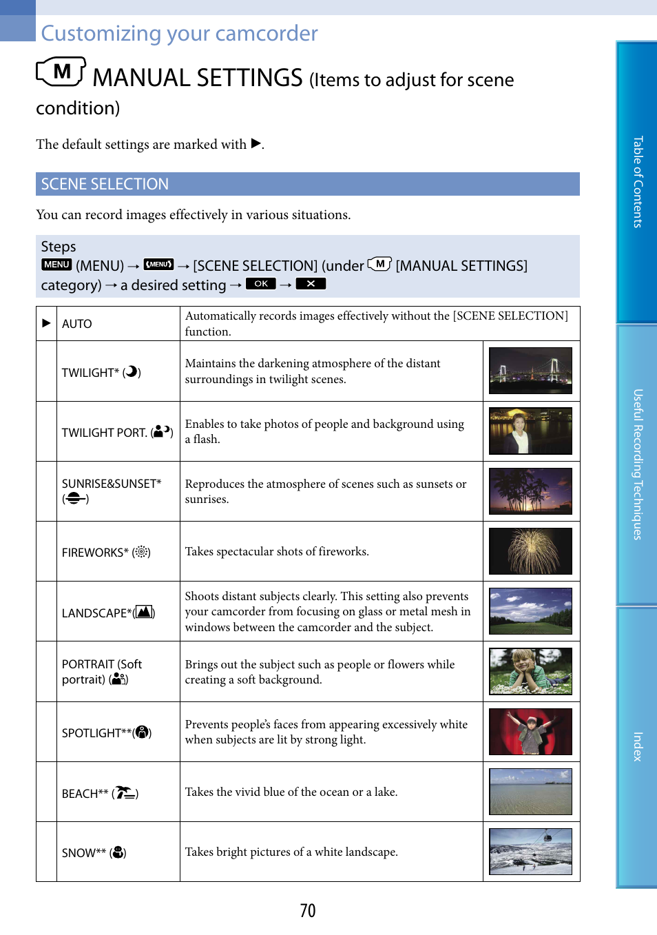Customizing your camcorder, N (70), Manual settings | Items to adjust for scene condition), Scene selection | Sony HDR-CX500V User Manual | Page 70 / 130