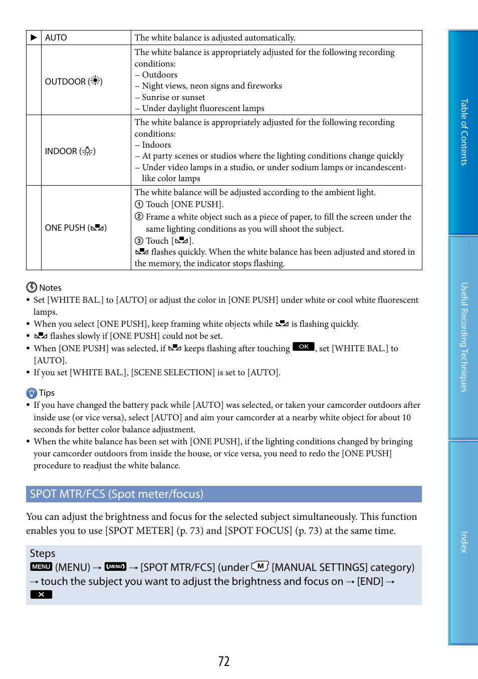 T mtr/fcs (72), Spot mtr/fcs (spot meter/focus), Steps (menu) | Spot mtr/fcs] (under [manual settings] category) | Sony HDR-CX500V User Manual | Page 72 / 130