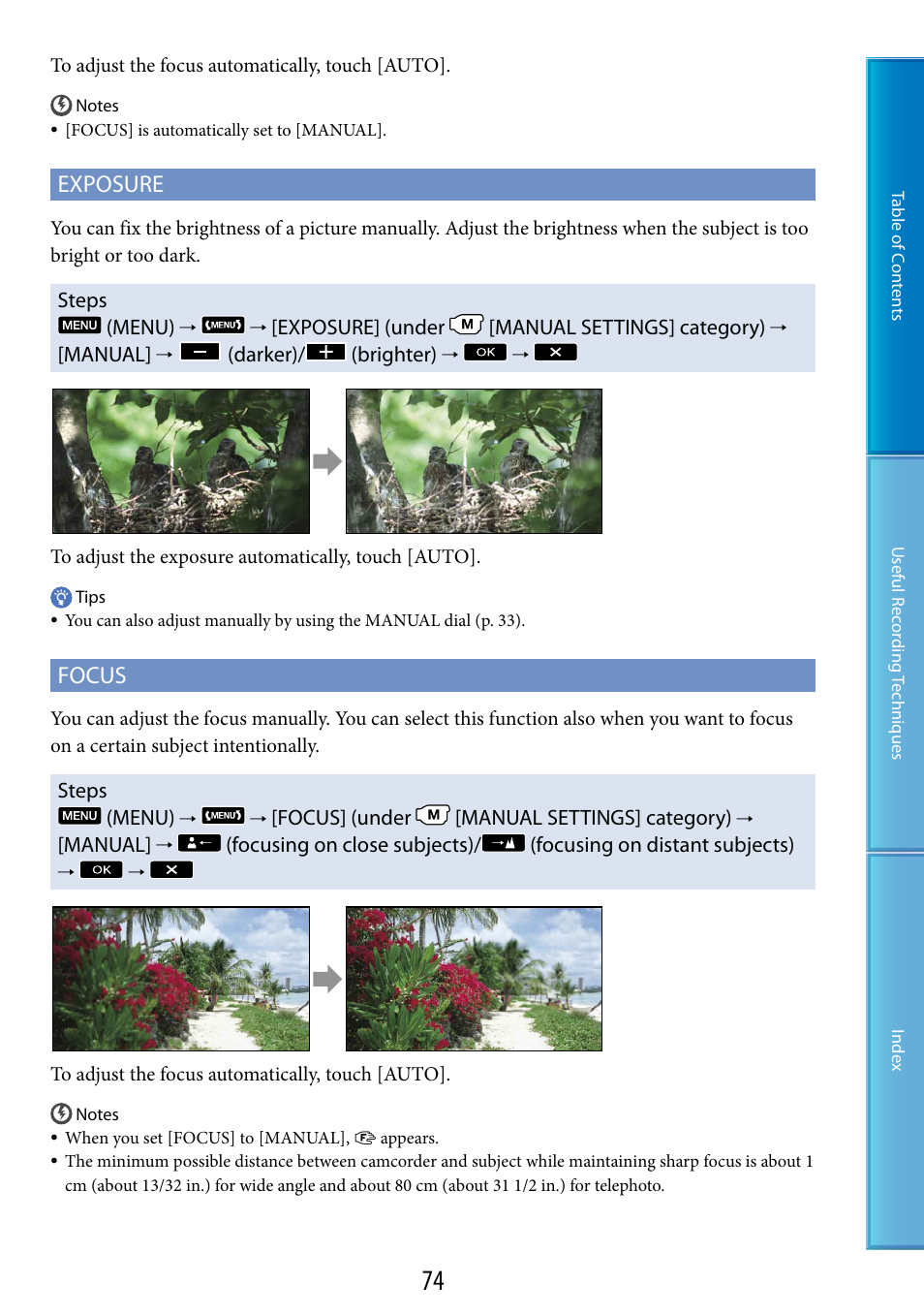 S (74), Ure (74), Exposure | Focus | Sony HDR-CX500V User Manual | Page 74 / 130