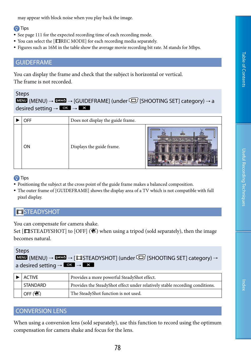 F (78), N lens (78), 78), a | Guideframe, Steadyshot, Conversion lens | Sony HDR-CX500V User Manual | Page 78 / 130