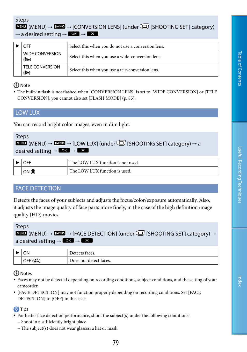 Ff] (79), Ux (79), Low lux | Face detection | Sony HDR-CX500V User Manual | Page 79 / 130