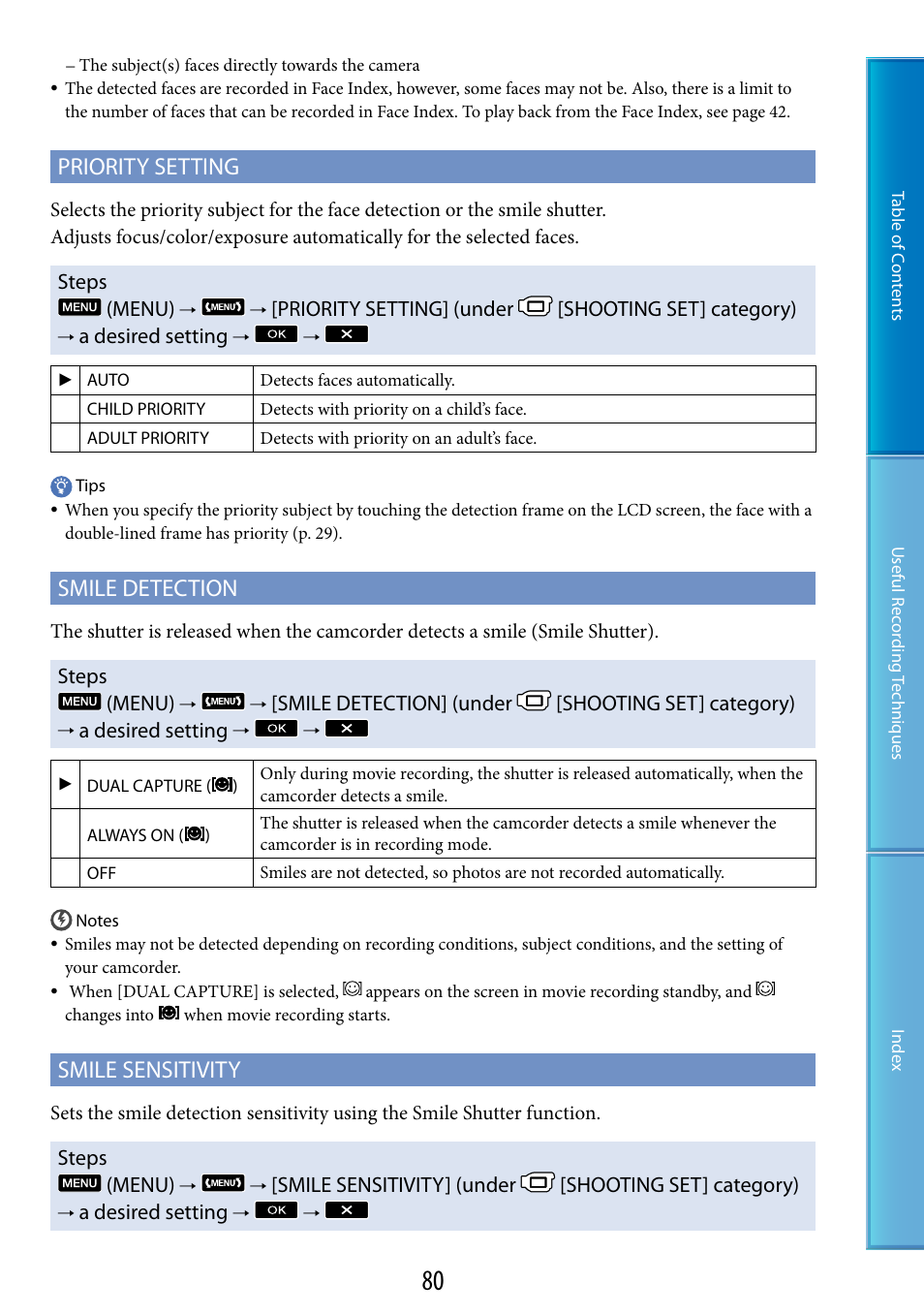 N (80), Priority setting, Smile detection | Smile sensitivity | Sony HDR-CX500V User Manual | Page 80 / 130