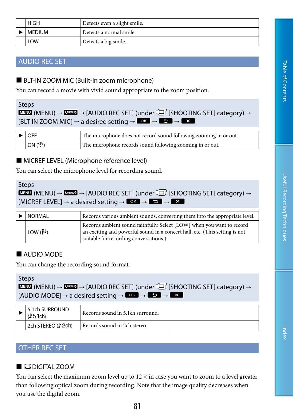 E (81), W (81), C (81) | Audio rec set, Other rec set | Sony HDR-CX500V User Manual | Page 81 / 130