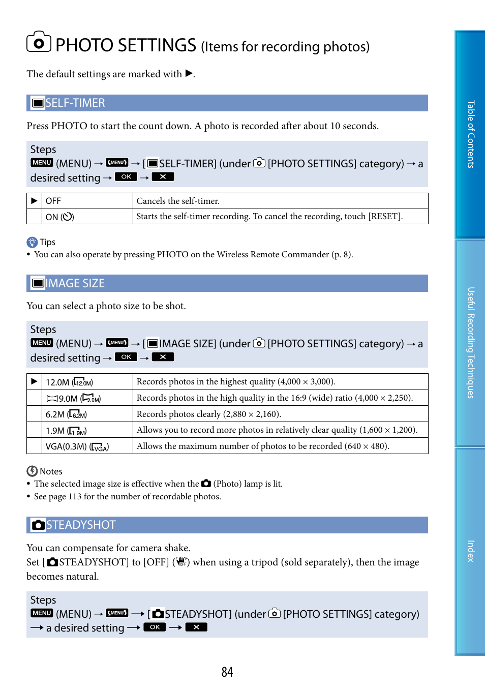 Photo settings (items for recording photos), G (84), O size (84) | Photo settings, Items for recording photos), Self-timer, Image size, Steadyshot | Sony HDR-CX500V User Manual | Page 84 / 130