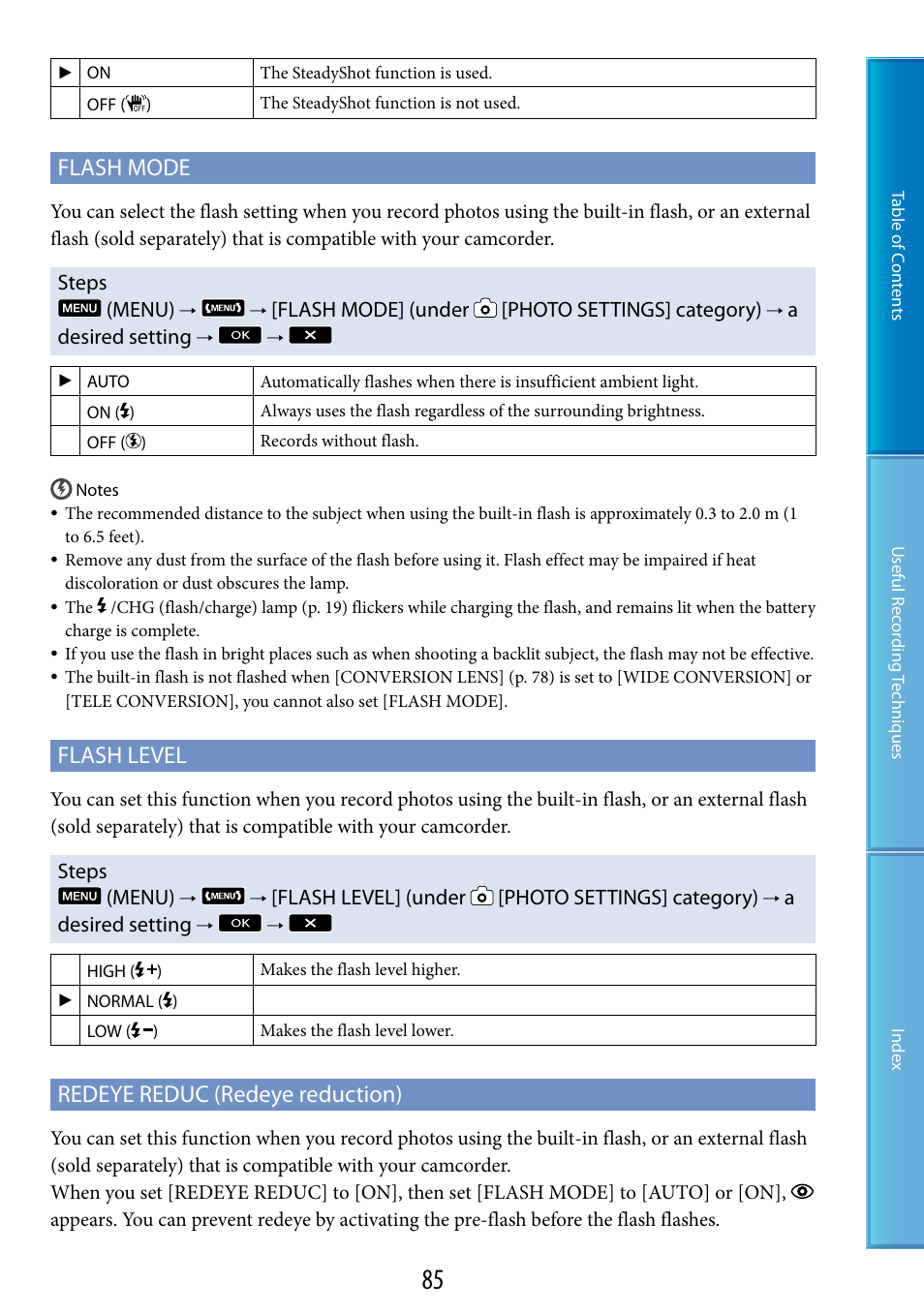 H (85), Uc (85), Flash mode | Flash level, Redeye reduc (redeye reduction) | Sony HDR-CX500V User Manual | Page 85 / 130