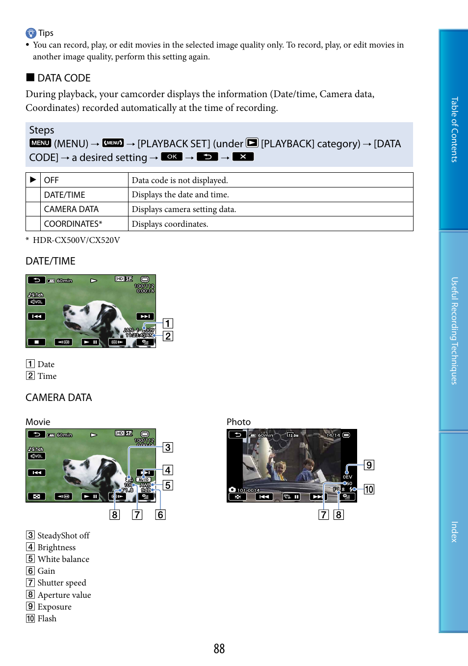On (88), Data code, Steps (menu) | Playback set] (under [playback] category), A desired setting, Date/time, Camera data | Sony HDR-CX500V User Manual | Page 88 / 130