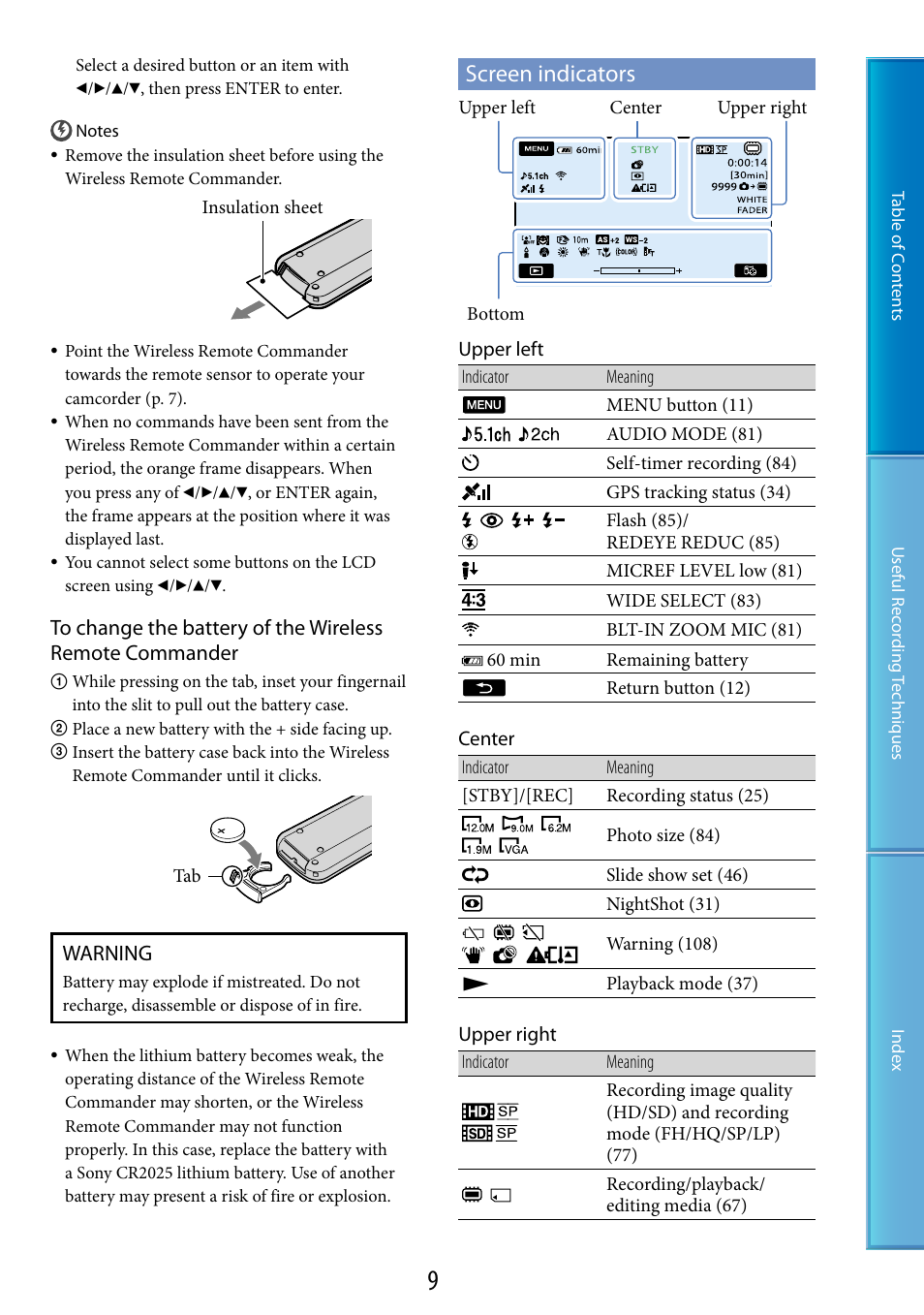 Screen indicators, Warning | Sony HDR-CX500V User Manual | Page 9 / 130