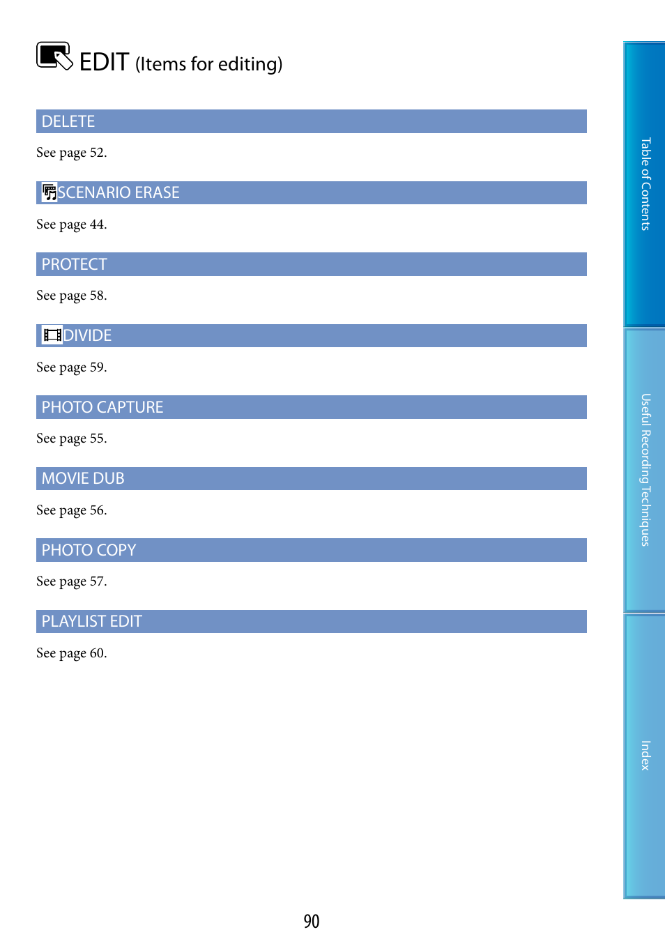 Edit (items for editing), Edit, Items for editing) | Sony HDR-CX500V User Manual | Page 90 / 130