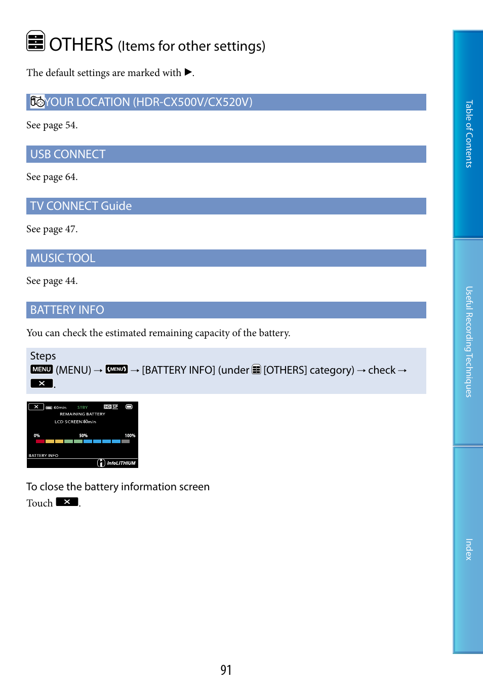Others (items for other settings), Others, Items for other settings) | Sony HDR-CX500V User Manual | Page 91 / 130