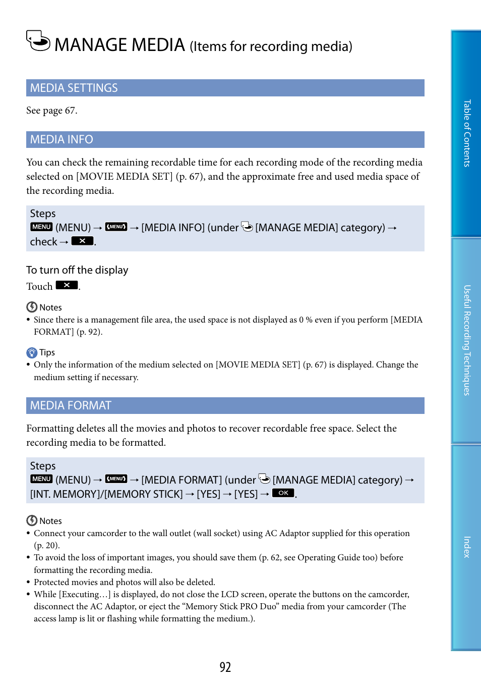 Manage media (items for recording media), 92) o, Manage media | Items for recording media), Media settings, Media info, Media format | Sony HDR-CX500V User Manual | Page 92 / 130
