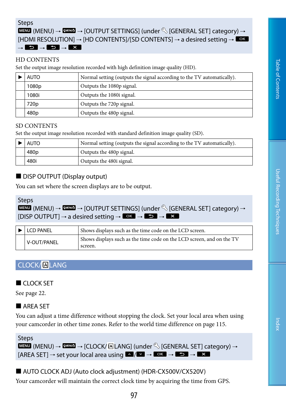 Clock/ lang | Sony HDR-CX500V User Manual | Page 97 / 130