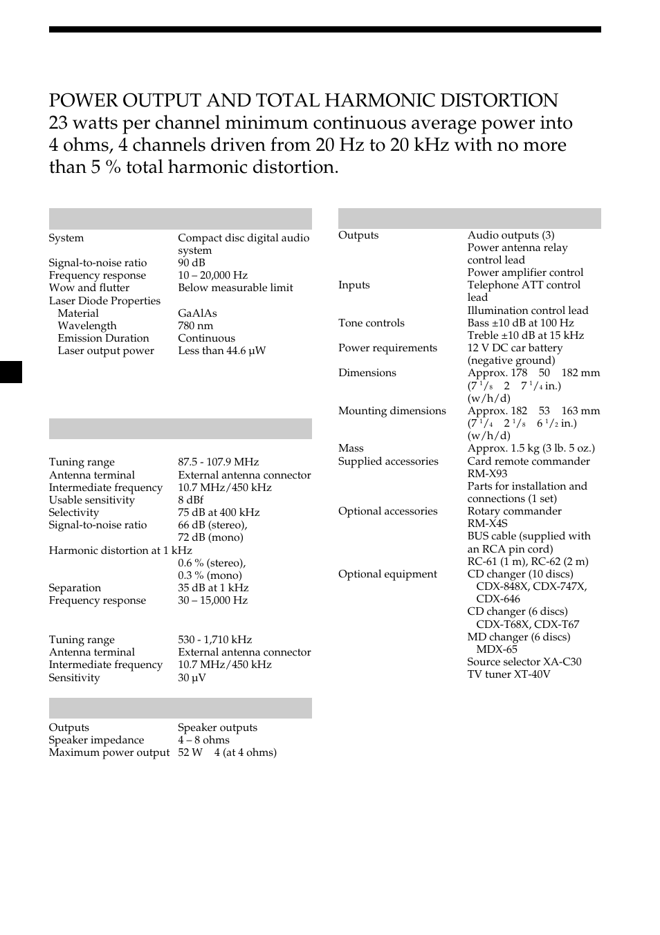 30 specifications, Audio power specifications, General | Sony CDX-M610 User Manual | Page 30 / 100