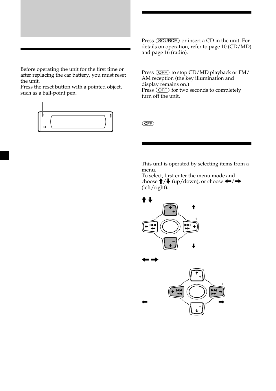 Getting started, Resetting the unit, Turning the unit on/off | How to use the menu | Sony CDX-M610 User Manual | Page 8 / 100