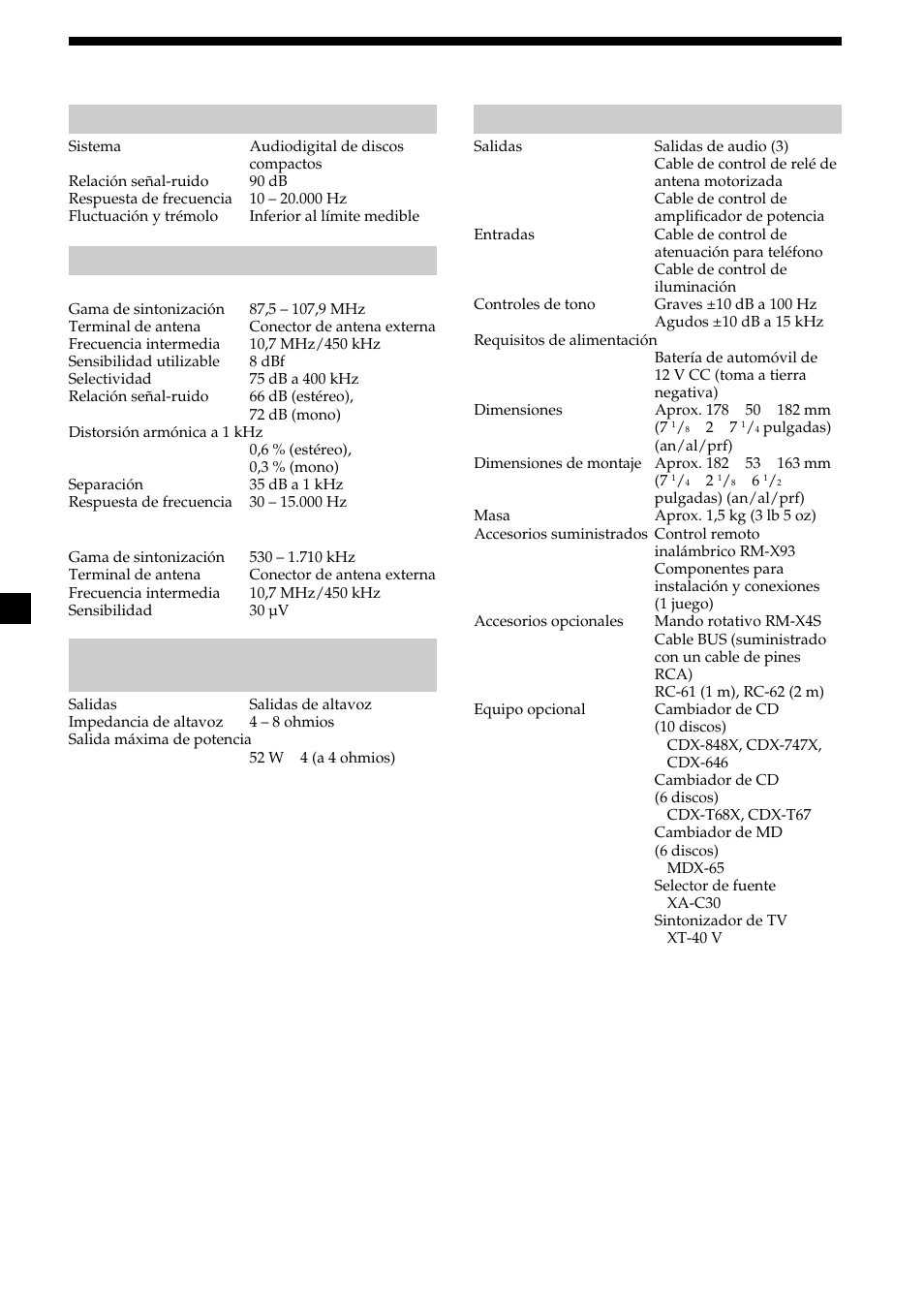 30 especificaciones, Sección del reproductor de cd, Sección del sintonizador | Sección del amplificador de potencia, General | Sony CDX-M610 User Manual | Page 94 / 100