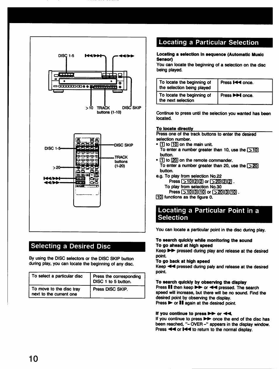 Selecting a desired disc, Locating a particular selection, To locate directly | Locating a particular point in a selection | Sony CDP-C77ES User Manual | Page 10 / 32