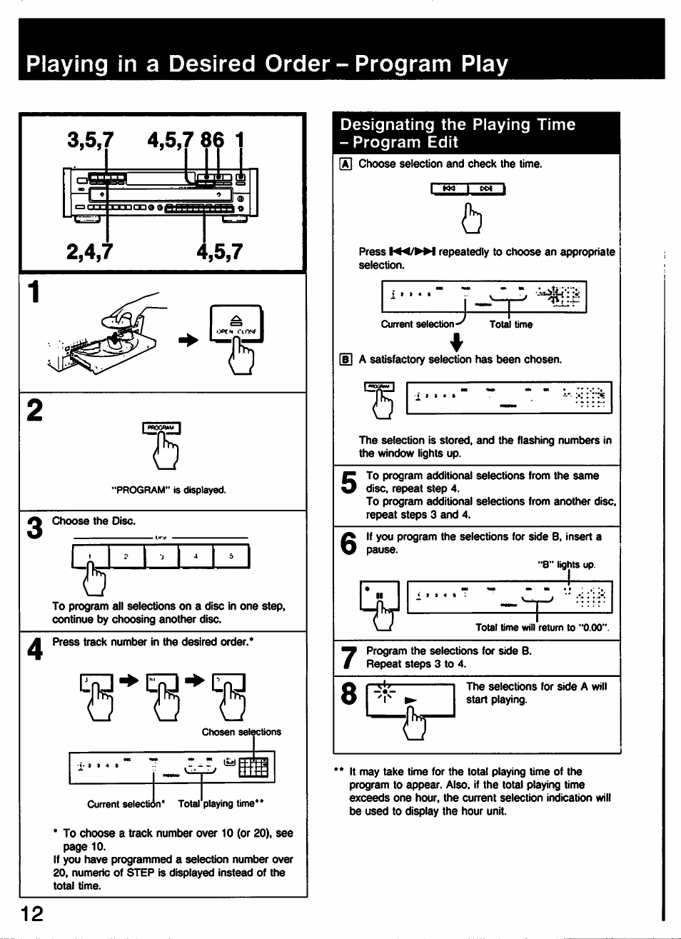 Playing in a desired order - program play, Designating the playing time - program edit, Playing in a desired order-program play | Designating the playing time-program edit | Sony CDP-C77ES User Manual | Page 12 / 32