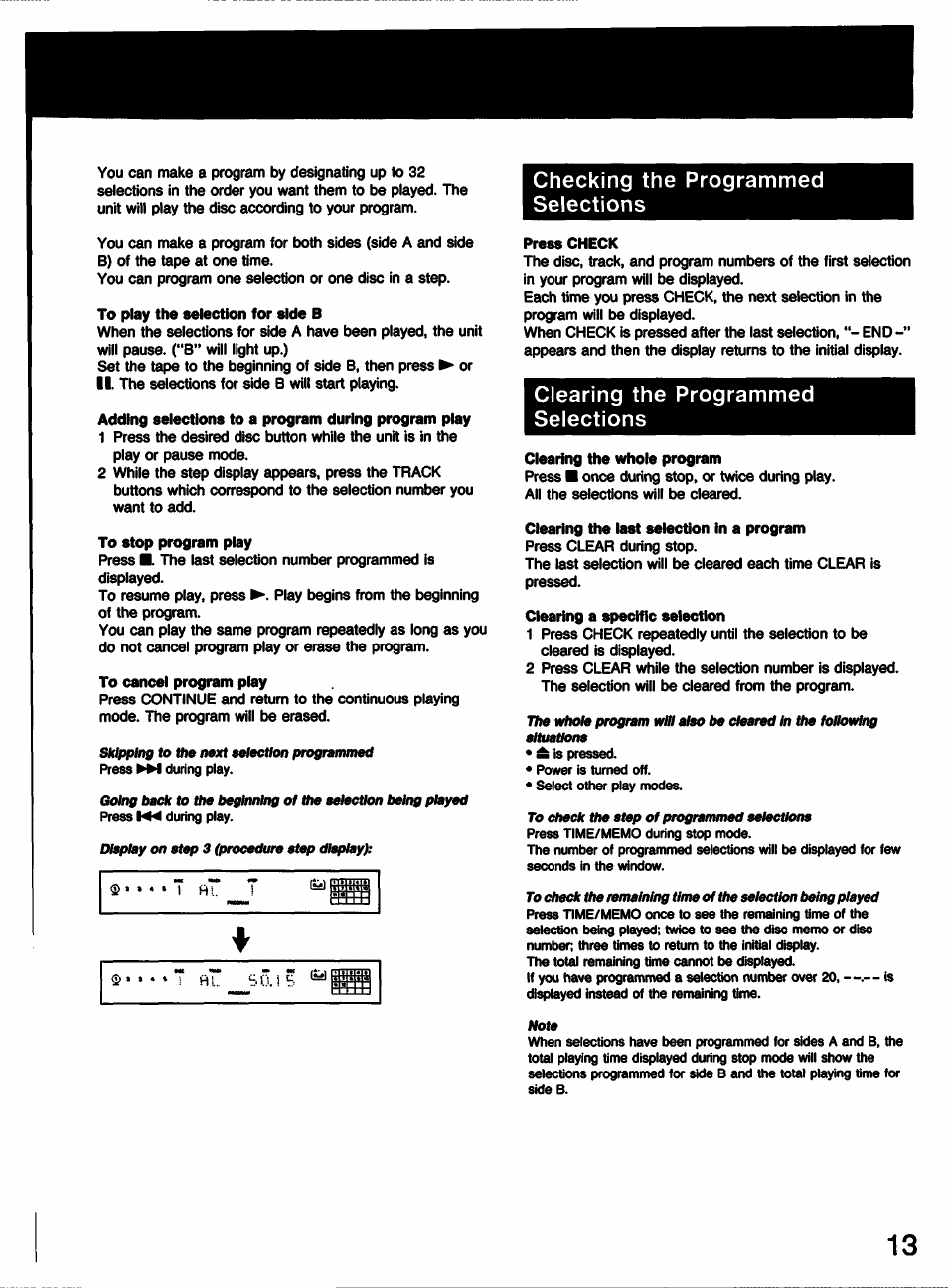 Checking the programmed selections, Clearing the programmed selections | Sony CDP-C77ES User Manual | Page 13 / 32