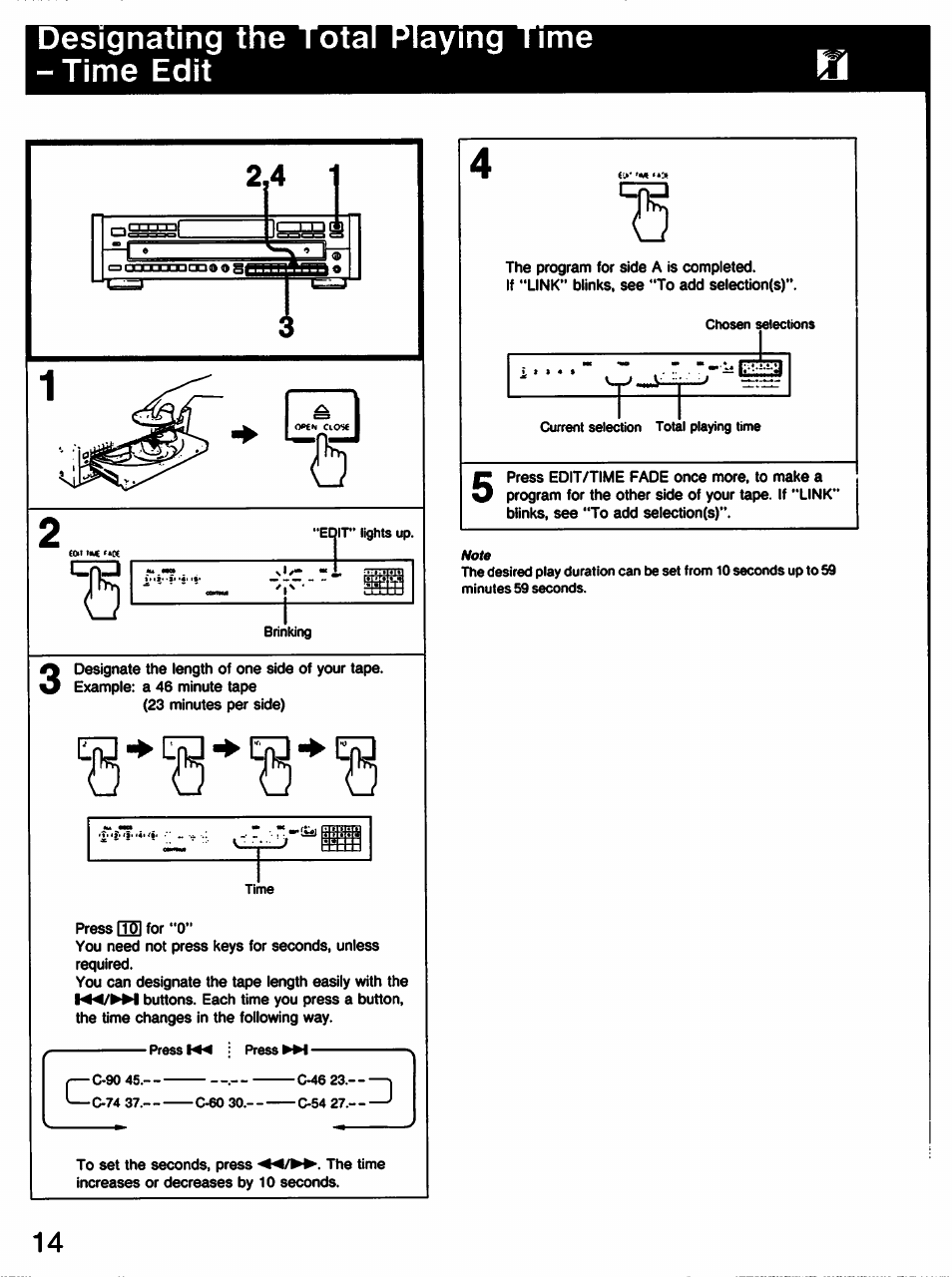Designating the total playing -time edit, Designating the total playing time-time edit, Designating the total playing -time edit ime | Sony CDP-C77ES User Manual | Page 14 / 32