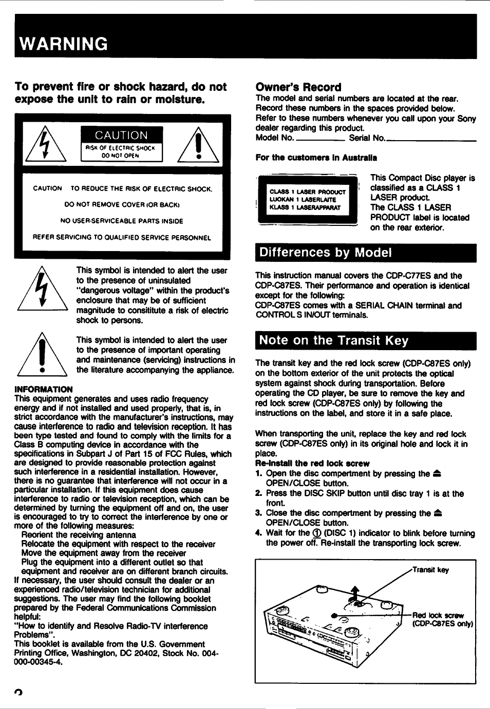 Warning, Information, For the customers in australia | Differences by model, Note on the transit key, Caution, Owner’s record | Sony CDP-C77ES User Manual | Page 2 / 32