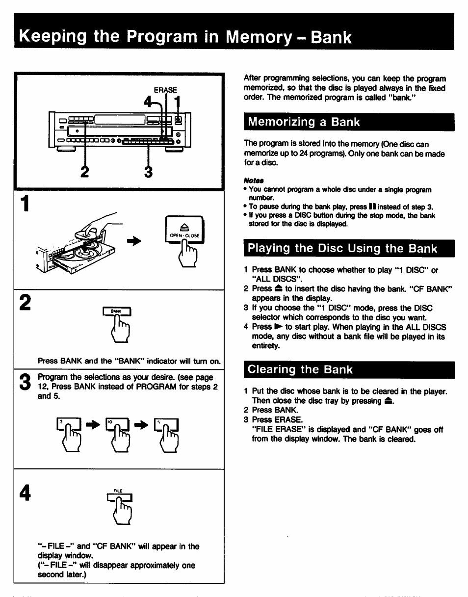 Keeping the program in memory - bank, Memorizing a bank, Playing the disc using the bank | Clearing the bank, Keeping the program in memory-bank | Sony CDP-C77ES User Manual | Page 23 / 32