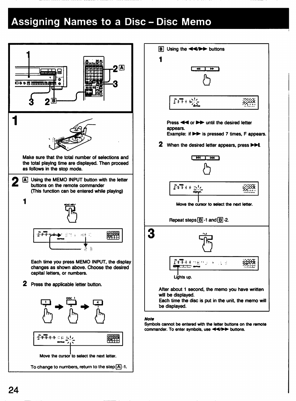 Assigning names to a disc-disc memo, T- i | Sony CDP-C77ES User Manual | Page 24 / 32