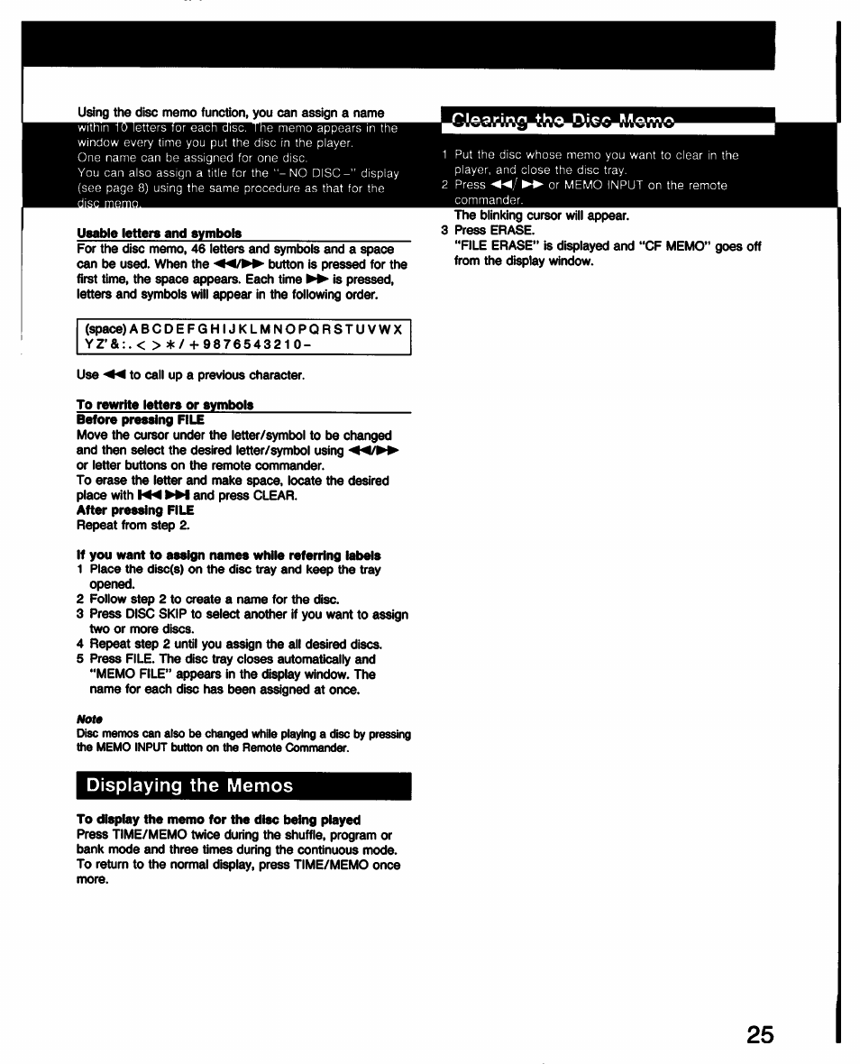 Usable letters and symbols, To rewrite letters or symbols, If you want to assign names while referring labels | Displaying the memos, To display the memo for the disc being played | Sony CDP-C77ES User Manual | Page 25 / 32