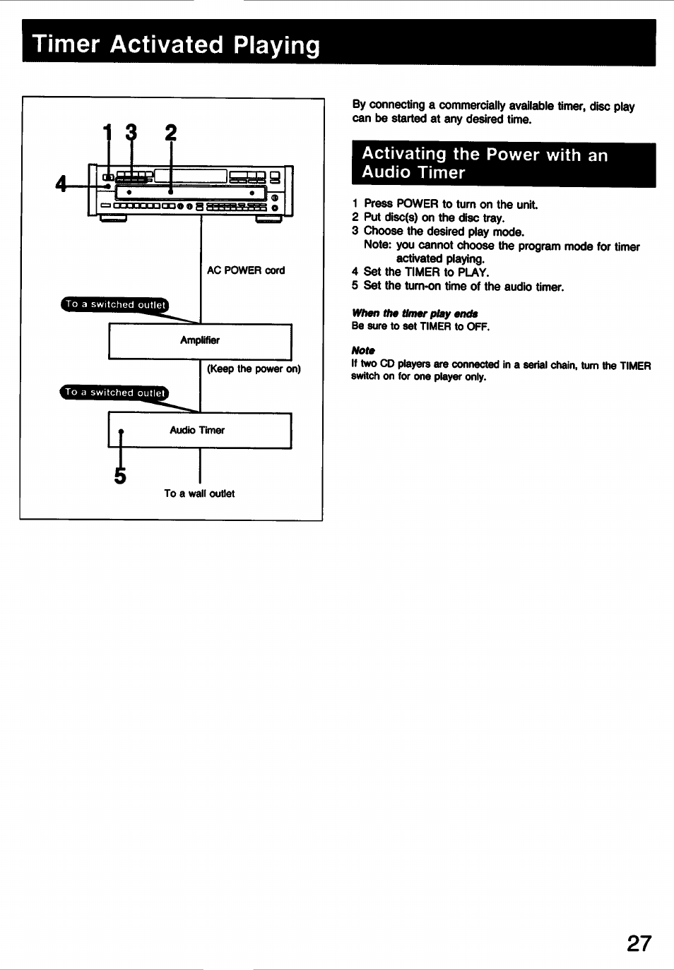 Timer activated playing, Activating the power with an audio timer | Sony CDP-C77ES User Manual | Page 27 / 32