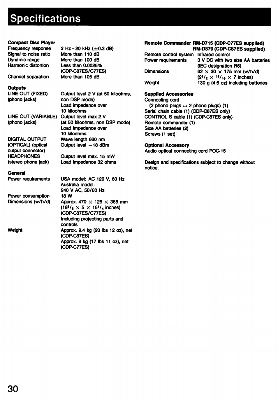 Specifications, General | Sony CDP-C77ES User Manual | Page 30 / 32