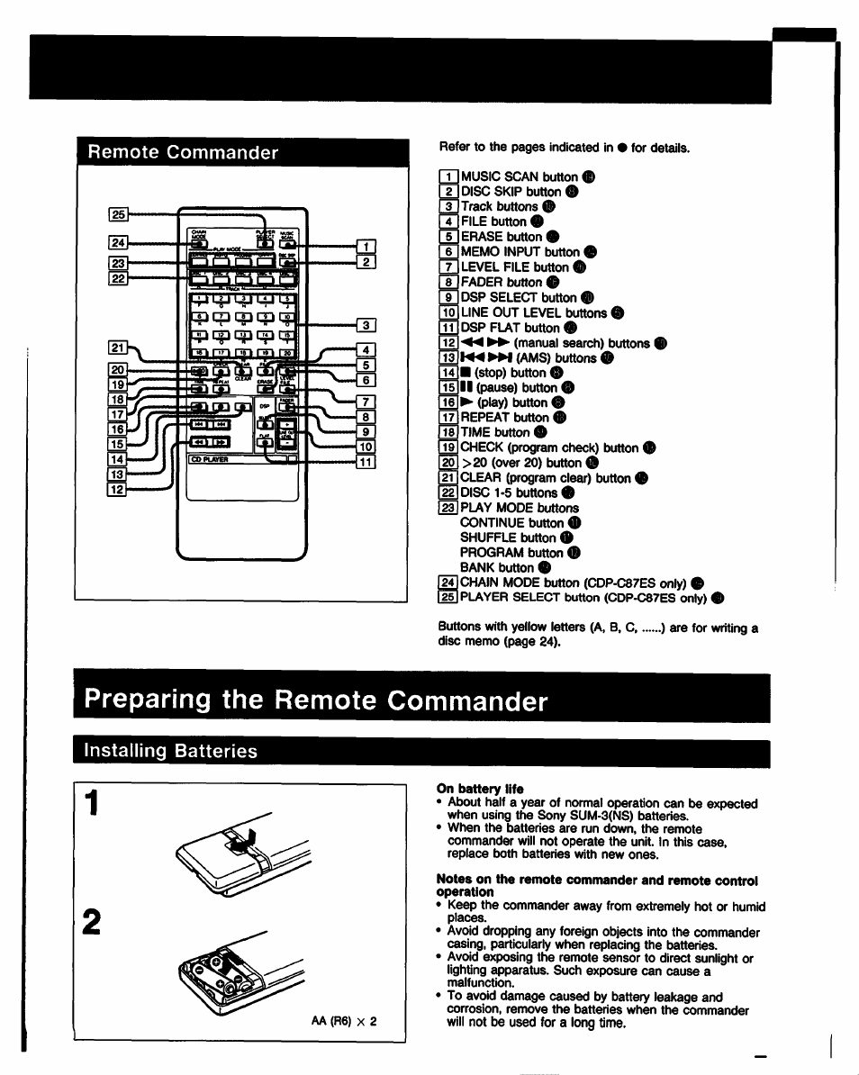 Preparing the remote commander, Installing batteries, Remote commander | Sony CDP-C77ES User Manual | Page 7 / 32