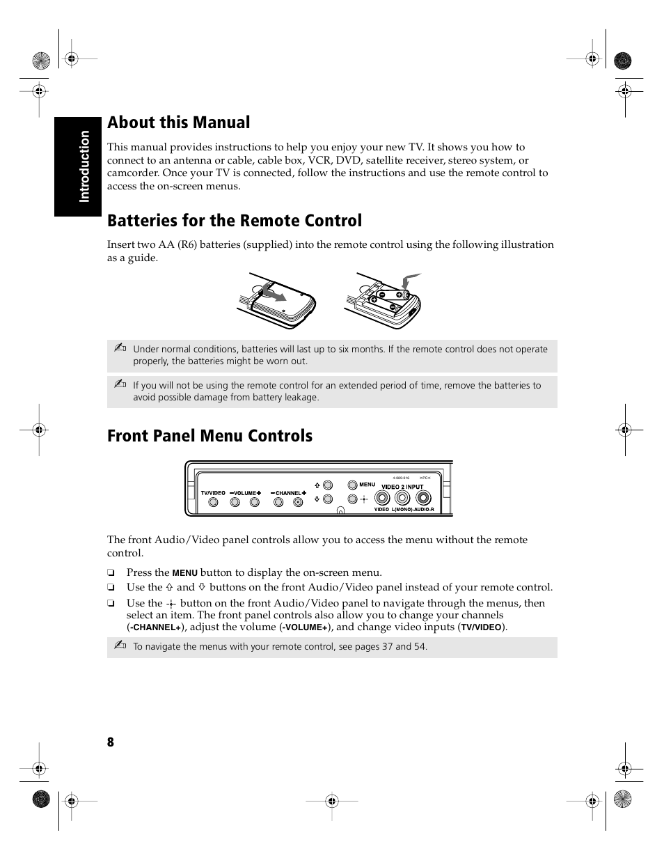 About this manual, Batteries for the remote control, Front panel menu controls | Sony KD-36FS130 User Manual | Page 10 / 70