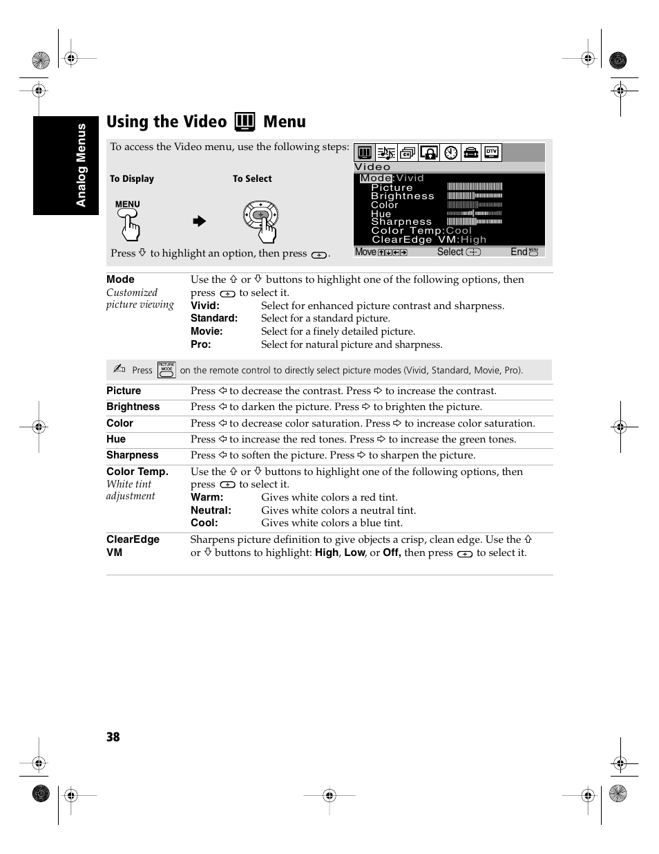 Using the video menu | Sony KD-36FS130 User Manual | Page 40 / 70