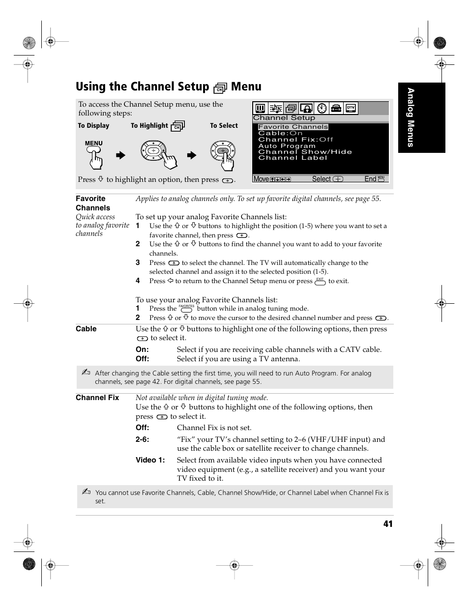 Using the channel setup menu | Sony KD-36FS130 User Manual | Page 43 / 70