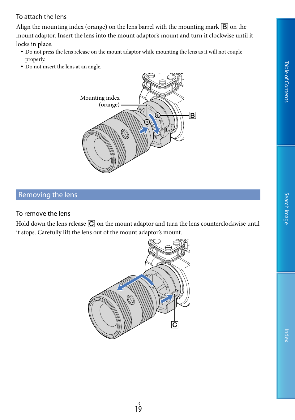 Removing the lens | Sony NEX-VG900 User Manual | Page 19 / 116
