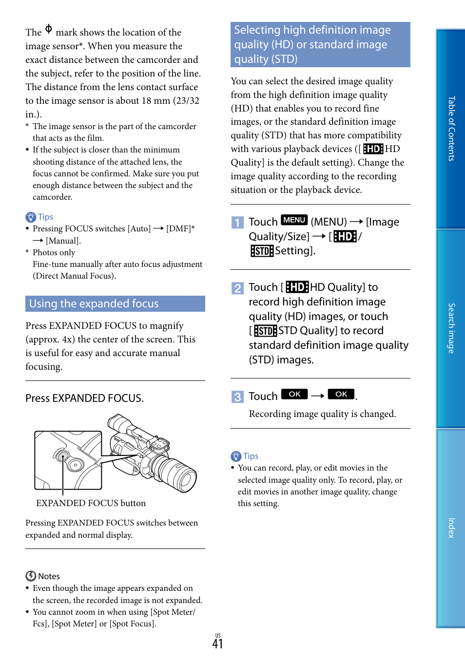 Using the expanded focus, Standard image quality (std) | Sony NEX-VG900 User Manual | Page 41 / 116
