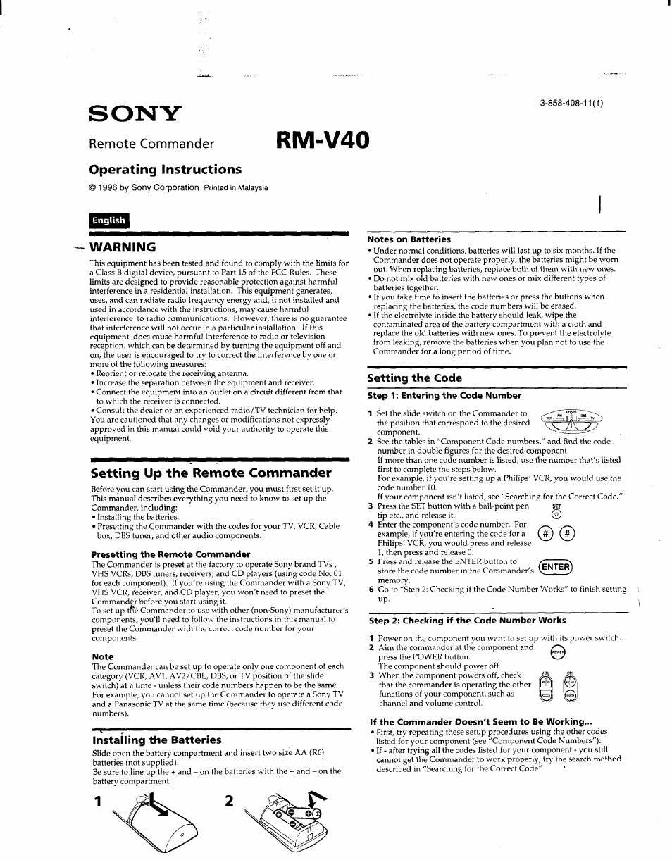 Sony RM-V40 User Manual | 6 pages