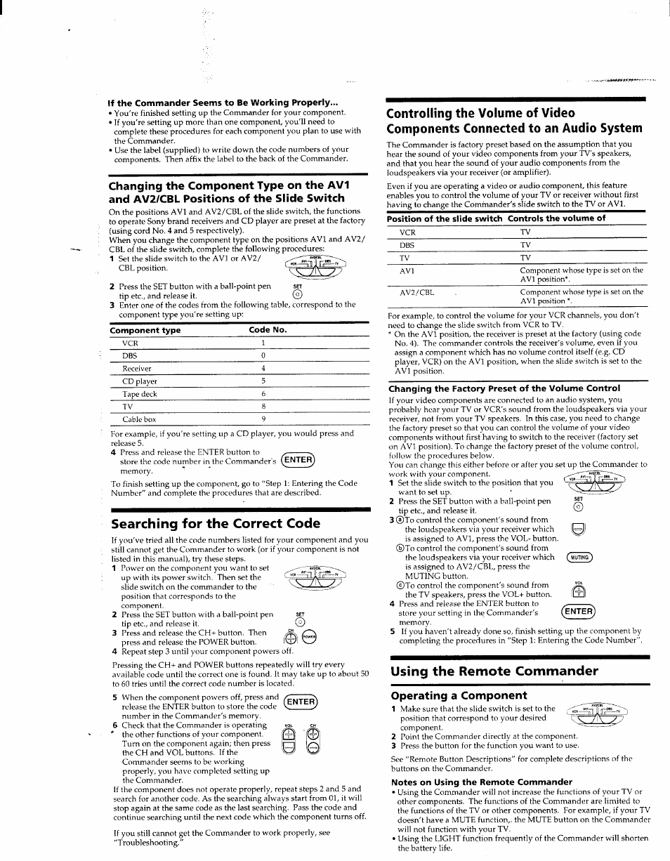 Searching for the correct code, Using the remote commander, Operating a component | Sony RM-V40 User Manual | Page 2 / 6