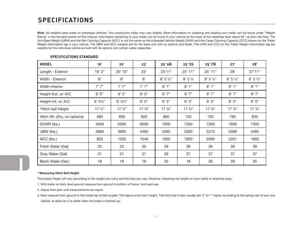 Specifications | Airstream Safari User Manual | Page 100 / 103