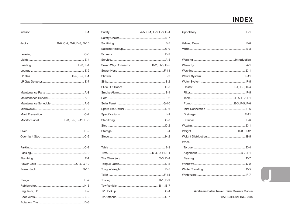 Index | Airstream Safari User Manual | Page 103 / 103