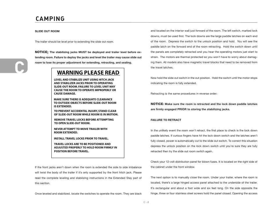 Camping, Warning please read | Airstream Safari User Manual | Page 36 / 103