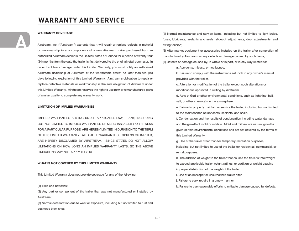 Warranty and service | Airstream Safari User Manual | Page 8 / 103