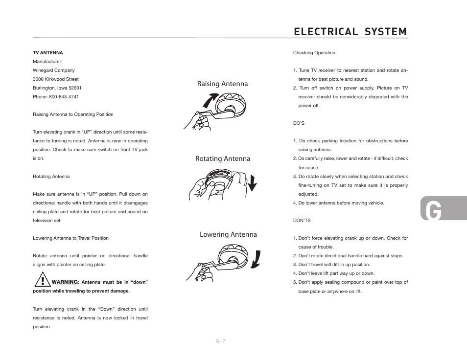Electrical system, Raising antenna rotating antenna lowering antenna | Airstream Safari User Manual | Page 85 / 103