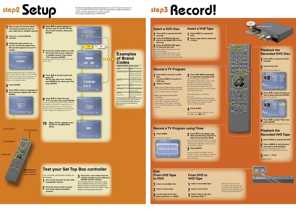 Enter, System menu, Test your set top box controller | Examples of brand codes, Dub from vhs tape to dvd, Playback the recorded dvd disc, Playback the recorded vhs tape, Insert a dvd disc, Insert a vhs tape, Record a tv program | Sony RDR-VX560 User Manual | Page 2 / 2
