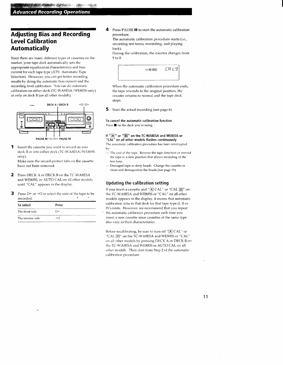 To cancel the automatic calibration function, If "[a]" or "[g" on the tc-wa8esa and we805s or, Cal" on all other models flashes continuously | Updating the calibration setting, Advanced recording operations, Iki f | Sony TC-WR550Z User Manual | Page 11 / 23