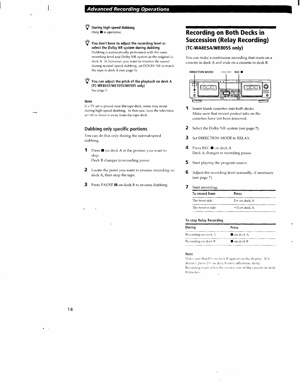 Q' during high-speed dubbing, Note, Dubbing only specific portions | Tc-wa8esa/we805s only), Advanced recording operations | Sony TC-WR550Z User Manual | Page 14 / 23